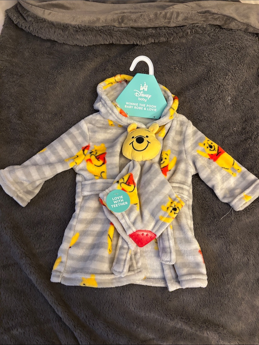 Disney Baby Gray & Yellow Winnie the Pooh Hooded Robe with Lovey Teether